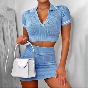 Summer Sets 2Pieces Knitted Sport Casual Short Sleeve Tees Crop Top High Waist